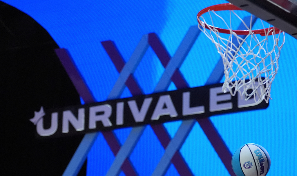 FILE - A player jumps to shoot during an Unrivaled 3-on-3 basketball semifinal, March 16, 2025, in Medley, Fla. (AP Photo/Rebecca Blackwell, File)