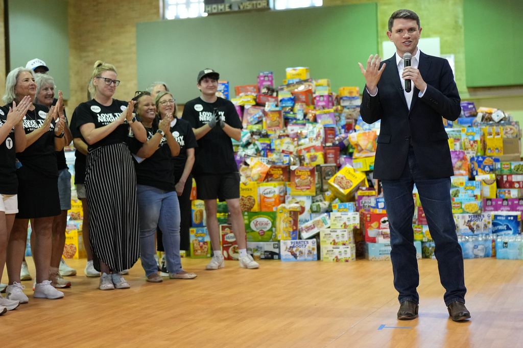 Democratic U.S. Senate candidate Texas state Rep. James Talarico speaks at a food drive at the Frederick Douglass Human Services and Justice Center, Wednesday, Sept. 9, 2026, in Dallas. (AP Photo/Julia Demaree Nikhinson)