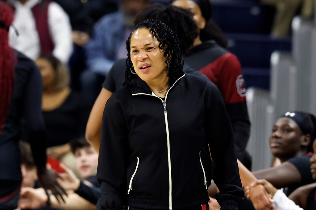 South Carolina head coach Dawn Staley reacts during the second period of an NCAA college basketball game against Auburn, Thursday, Jan. 29, 2026, in Auburn, Ala. (AP Photo/Butch Dill)