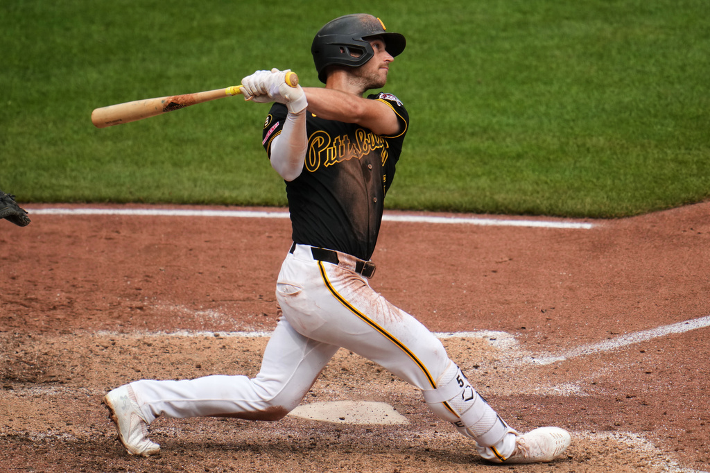 Pittsburgh Pirates' Brandon Lowe follows through on a walk-off solo home run off Detroit Tigers pitcher Kenley Jansen during the ninth inning of a baseball game in Pittsburgh, Wednesday, Aug. 19, 2026. (AP Photo/Gene J. Puskar)