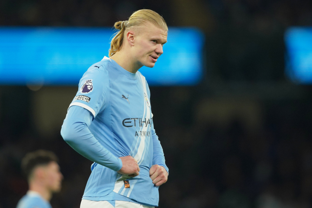 Manchester City's Erling Haaland during the English Premier League soccer match between Manchester City and Leeds United in Manchester, England, Saturday, Nov. 29, 2025. (AP Photo/Ian Hodgson)