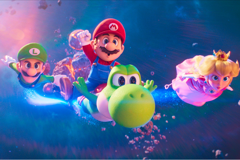 This image released by Universal Pictures shows, from left, Luigi, voiced by Charlie Day, Mario, voiced by Chris Pratt, Yoshi, voiced by Donald Glover, and Princess Peach, voiced by Anya Taylor-Joy, in a scene from "The Super Mario Galaxy Movie." (Nintendo and Illumination/Universal Pictures via AP)