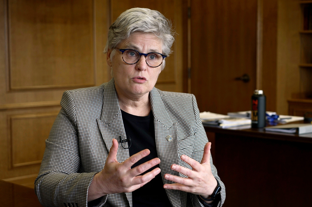 FILE - Hennepin County Attorney Mary Moriarty explains her progressive approach to prosecutions, June 19, 2024, at her office in Minneapolis, Minn. (AP Photo/Mark Vancleave, File)