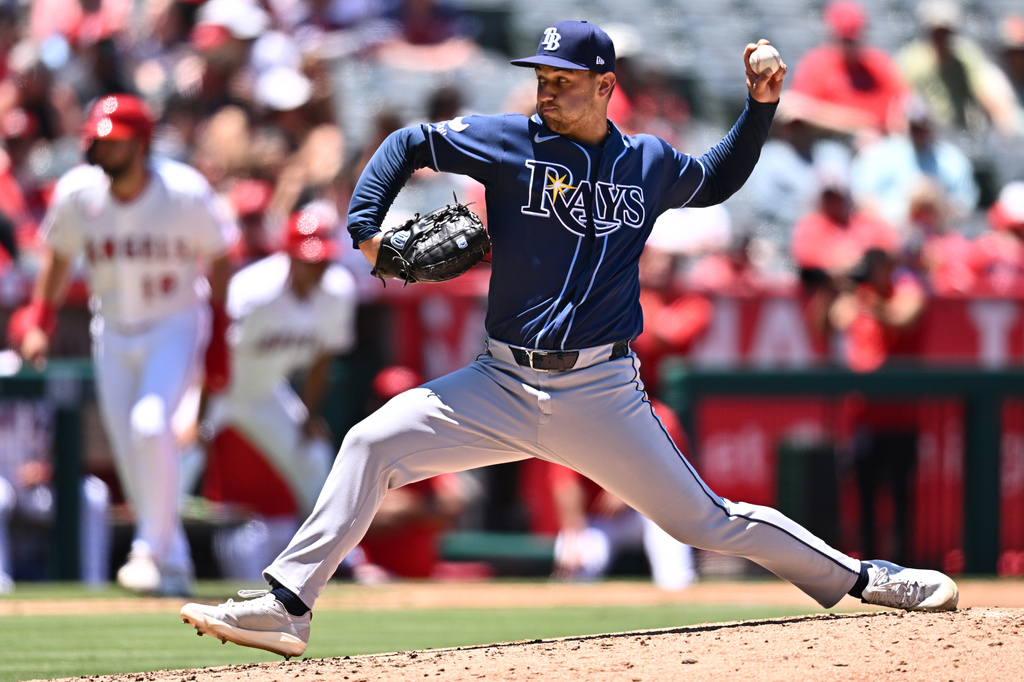 Tampa Bay Rays pitcher Ian Seymour delivers during the second inning of a baseball game against the Los Angeles Angels, Sunday, June 14, 2026, in Anaheim, Calif. (AP Photo/William Liang)