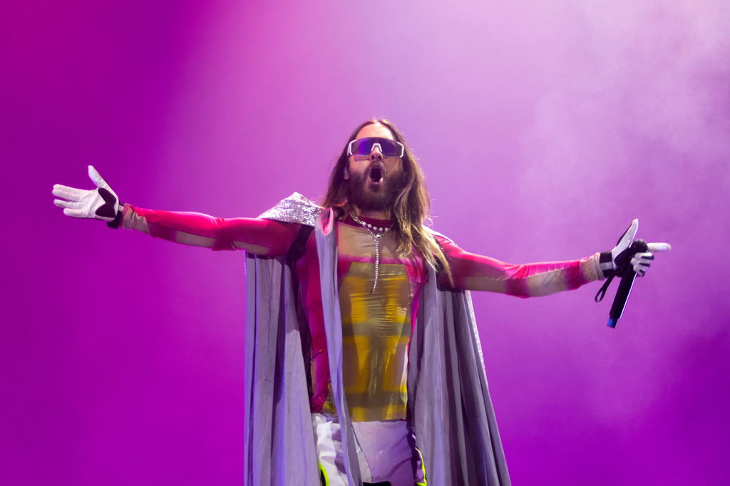 FILE - Jared Leto, of Thirty Seconds to Mars, performs during the Corona Capital music festival in Mexico City, on Nov. 18, 2023. (AP Photo/Alejandro Godinez, File)