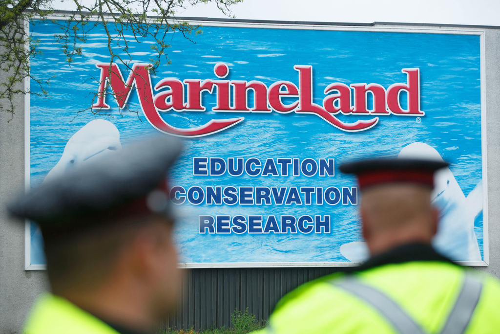 Police officers block protestors from an entrance to Marineland grounds in Niagara Falls, Ontario, Canada, on May 20, 2023. (Alex Lupul/The Canadian Press via AP)