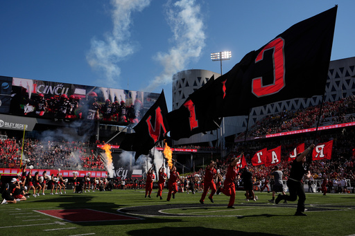 The Cincinnati Bearcats enters the stadium before an NCAA football game against Iowa State, Saturday, Oct. 4, 2025, in Cincinnati. (AP Photo/Carolyn Kaster) The Cincinnati Bearcats enters the stadium before an NCAA football game against Iowa State, Saturday, Oct. 4, 2025, in Cincinnati. (AP Photo/Carolyn Kaster)