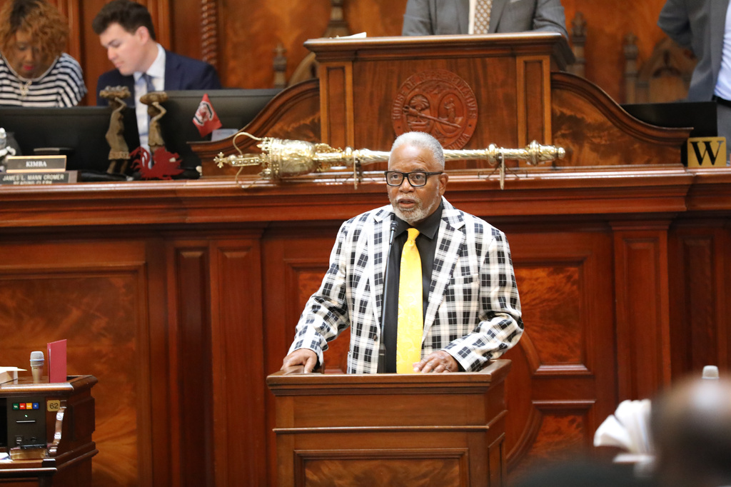 Democratic South Carolina Rep. Leon Howard speaks during the House redistricting debate on Tuesday, May 19, 2026, in Columbia, S.C. (AP Photo/Jeffrey Collins)