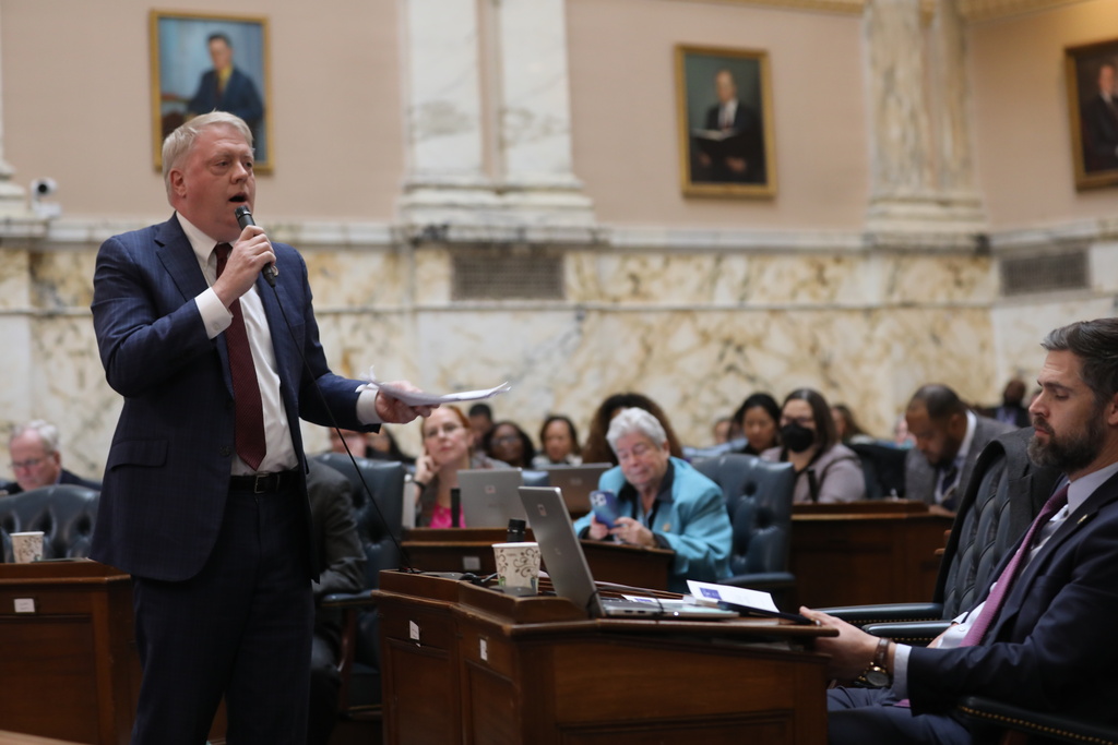 Republican Del. Jason Buckel, the Maryland House minority leader, speaks in opposition to a new congressional map during debate on Monday, Feb. 2, 2026, in Annapolis, Md. (AP Photo/Brian Witte)