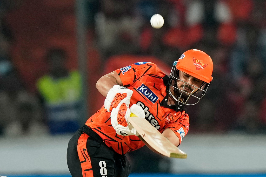 Sunrisers Hyderabad's captain Ishan Kishan plays a shot during the Indian Premier League cricket match between Sunrisers Hyderabad and Rajasthan Royals in Hyderabad, India, Monday, April 13, 2026. (AP Photo/Mahesh Kumar A.)