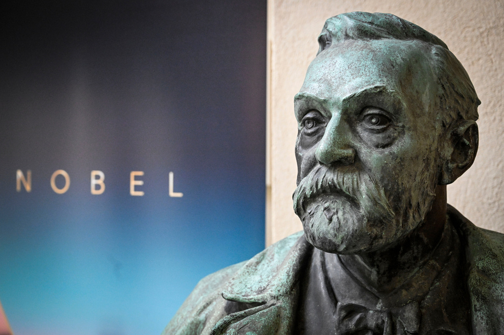 FILE - A bust of Alfred Nobel on display following a press conference to announce the Nobel Committee for Physiology or Medicine at the Karolinska Institute in Stockholm, Sweden, on Oct. 3, 2022. (Henrik Montgomery/TT News Agency via AP, File)