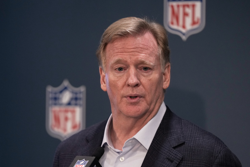 NFL commissioner Roger Goodell speaks at a news conference at the NFL owners meetings, Wednesday, Oct. 22, 2025, in New York. (AP Photo/Richard Drew)