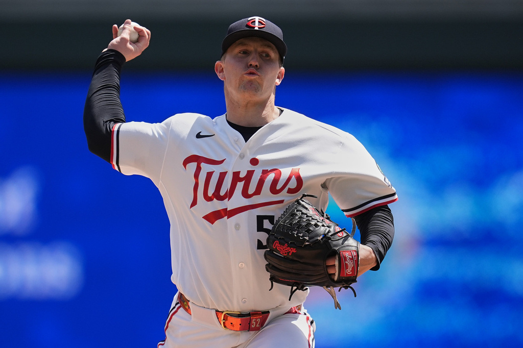 Minnesota Twins starting pitcher Zebby Matthews (52) delivers during the first inning of a baseball game against the Miami Marlins, Thursday, May 14, 2026, in Minneapolis. (AP Photo/Abbie Parr)