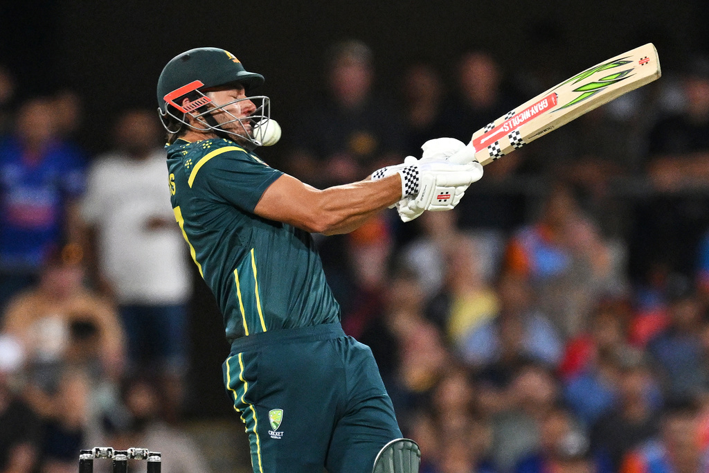 Australia's Marcus Stoinis bats during a T20 cricket international between India and Australia in Carrara, Australia, Thursday, Nov.6, 2025. (Dave Hunt/AAPImage via AP)