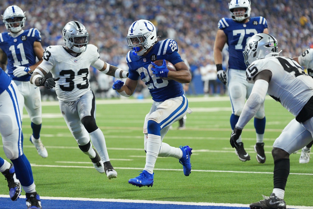 Indianapolis Colts running back Jonathan Taylor (28) goes in for a touchdown during the second half of an NFL football game against the Las Vegas Raiders, Sunday, Oct. 5, 2025, in Indianapolis. (AP Photo/AJ Mast)