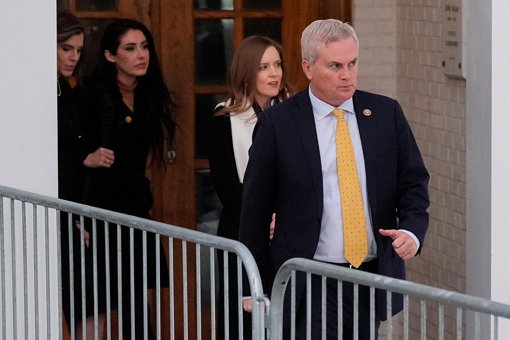 Rep. James Comer, R-KY, walks out of the Chappaqua Performing Arts Center after a deposition by former Secretary of State Hillary Clinton who was testifying before U.S. House lawmakers as part of a congressional investigation into convicted sex offender Jeffrey Epstein, Thursday, Feb. 26, 2026, in Chappaqua, N.Y. (AP Photo/Yuki Iwamura)