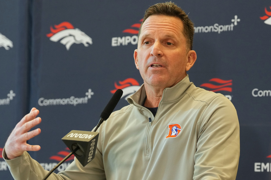 Denver Broncos general manager George Paton responds to question during a season-ending news conference Tuesday, Jan. 27, 2026, at the NFL football team's headquarters in Centennial, Colo. (AP Photo/David Zalubowski)