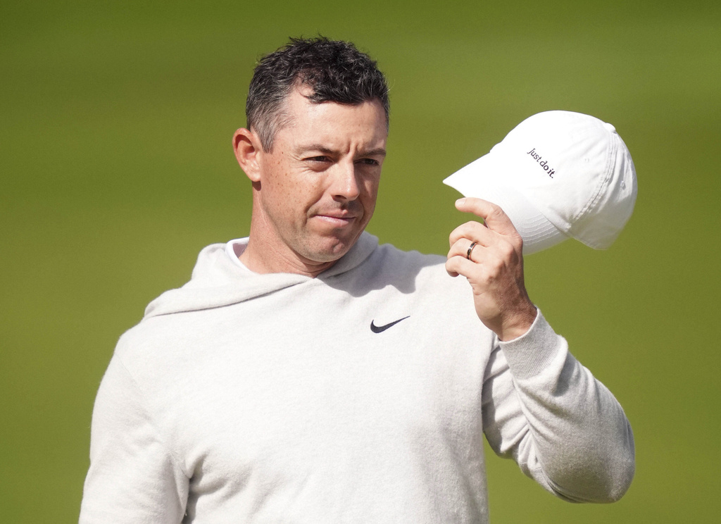 Rory McIlroy reacts during day two of the 2025 BMW PGA Championship at Wentworth Golf Club in Virginia Water, Surrey, England, Friday Sept. 12, 2025. (Adam Davy/PA via AP)