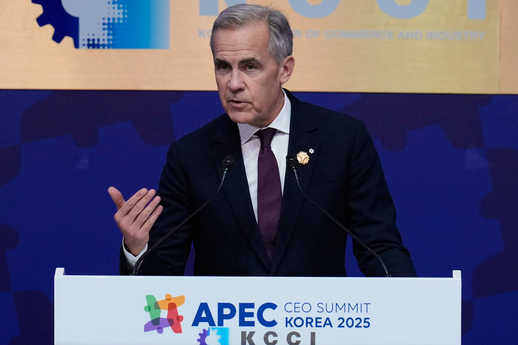 Canadian Prime Minister Mark Carney makes a keynote speech at the Asia-Pacific Economic Cooperation (APEC) CEO summit in Gyeongju, South Korea, Friday, Oct. 31, 2025. (AP Photo/Ng Han Guan)