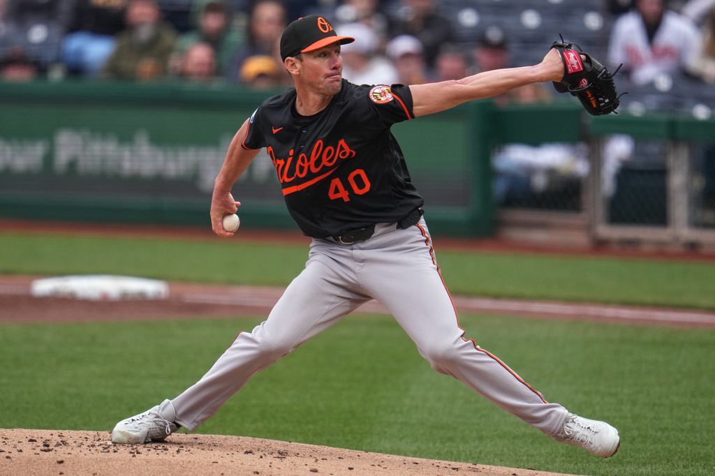 Baltimore Orioles pitcher Chris Bassitt delivers during the first inning of a baseball game against the Pittsburgh Pirates in Pittsburgh, Sunday, April 5, 2026. (AP Photo/Gene J. Puskar)