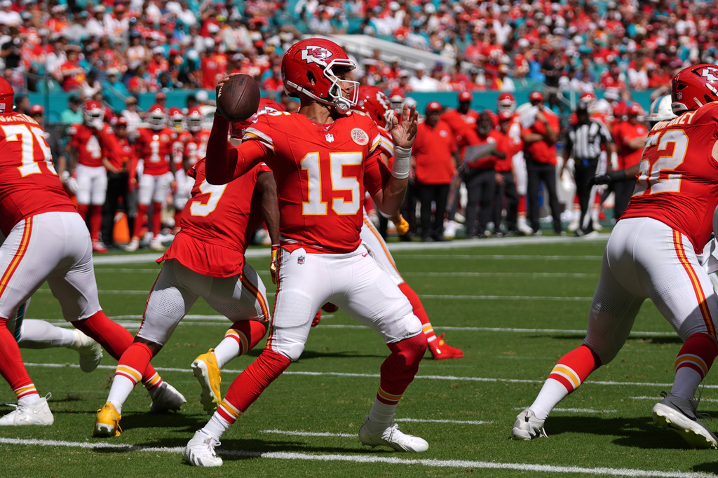 Kansas City Chiefs quarterback Patrick Mahomes (15) looks to throw the ball during an NFL football game against the Miami Dolphins, Sunday, Sept. 27, 2026, in Miami Gardens. (AP Photo/Lynne Sladky)