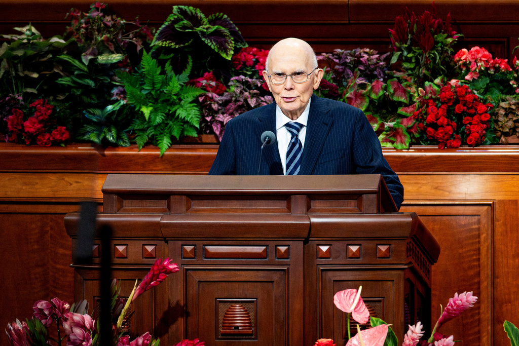 President Dallin H. Oaks, president of the Quorum of the Twelve Apostles, speaks during the morning session of the 195th Semiannual General Conference of The Church of Jesus Christ of Latter-day Saints at the Conference Center in Salt Lake City on Saturday, Oct. 4, 2025. (Isaac Hale/The Deseret News via AP)