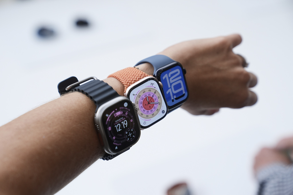 Apple Watches are displayed during an announcement of new products at Apple Park on Tuesday, Sept. 9, 2025, in Cupertino, Calif. (AP Photo/Godofredo A. Vásquez)