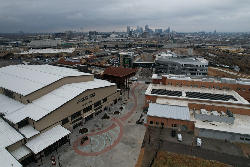 The National Western Center is visible Friday, Nov. 21, 2025, in Denver. (AP Photo/Brittany Peterson)