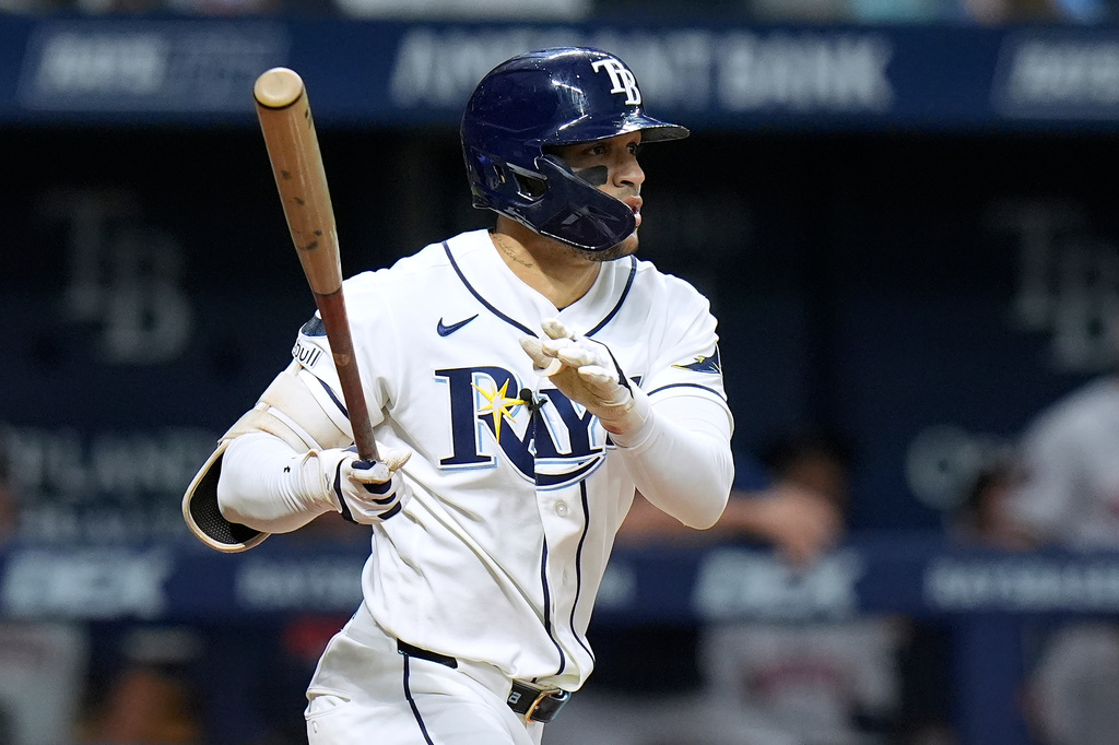 Tampa Bay Rays' Victor Mesa Jr. watches his single off Houston Astros pitcher Peter Lambert during the fifth inning of a baseball game Saturday, Sept. 12, 2026, in St. Petersburg, Fla. (AP Photo/Chris O'Meara)