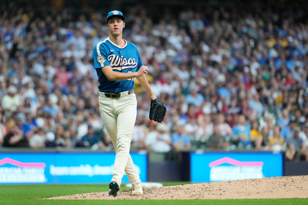 Milwaukee Brewers' Jacob Misiorowski walks to the dugout during the sixth inning of a baseball game against the Philadelphia Phillies, Friday, June 12, 2026, in Milwaukee. (AP Photo/Aaron Gash)