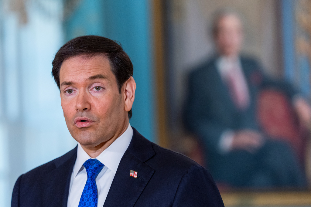 Secretary of State Marco Rubio speaks to reporters before a meeting with 2015 Venezuelan National Assembly President Dinorah Figuera in the Treaty Room at the State Department, Friday, Oct. 9, 2026, in Washington. (AP Photo/Manuel Balce Ceneta)