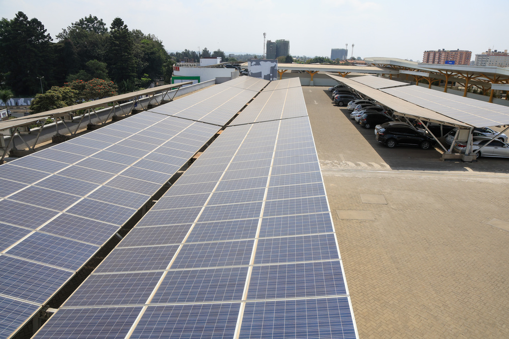 Solar panels cover the parking lot of Garden City Mall in Nairobi, Kenya, Thursday, July 16, 2026. (AP Photo/Andrew Kasuku) CORRECTION: Corrects day to Thursday instead of Tuesday.