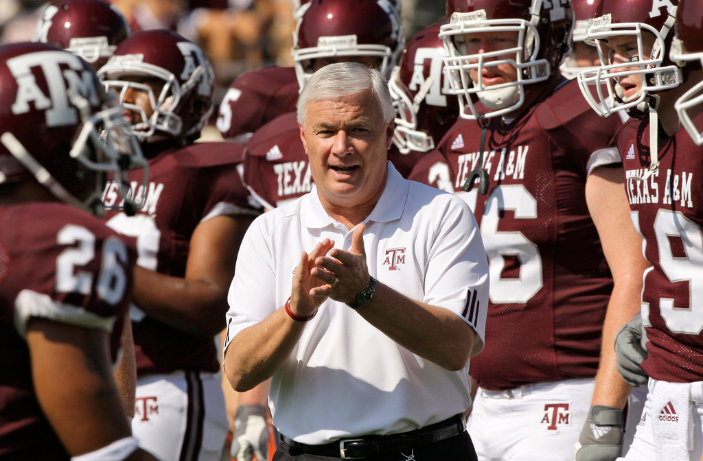 FILE - Texas A&M head coach Dennis Franchione watches his team warm up before their college football game against Baylor Saturday, Sept. 29, 2007 in College Station, Texas. (AP Photo/David J. Phillip, File)