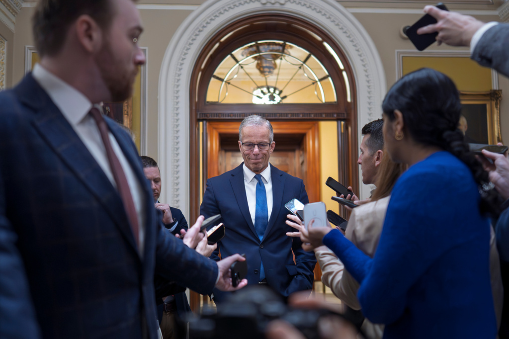 Senate Majority Leader John Thune, R-S.D., speaks to reporters outside the chamber at the Capitol in Washington, Thursday, April 2, 2026. (AP Photo/J. Scott Applewhite)