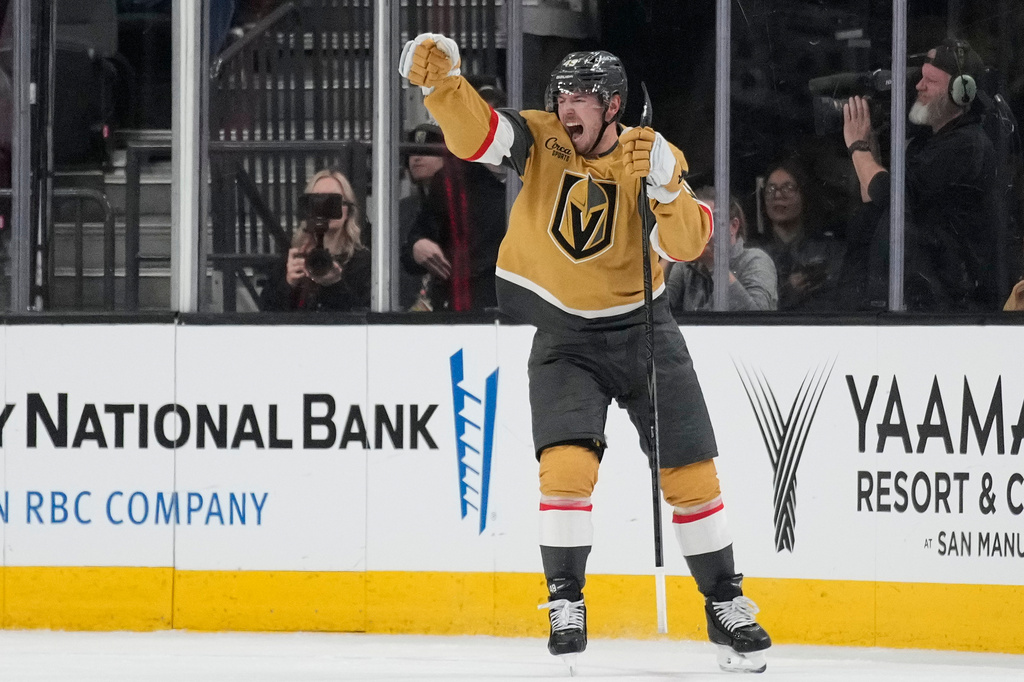 Vegas Golden Knights left wing Ivan Barbashev (49) celebrates after scoring against the Edmonton Oilers during the third period of an NHL hockey game Thursday, March 26, 2026, in Las Vegas. (AP Photo/John Locher)
