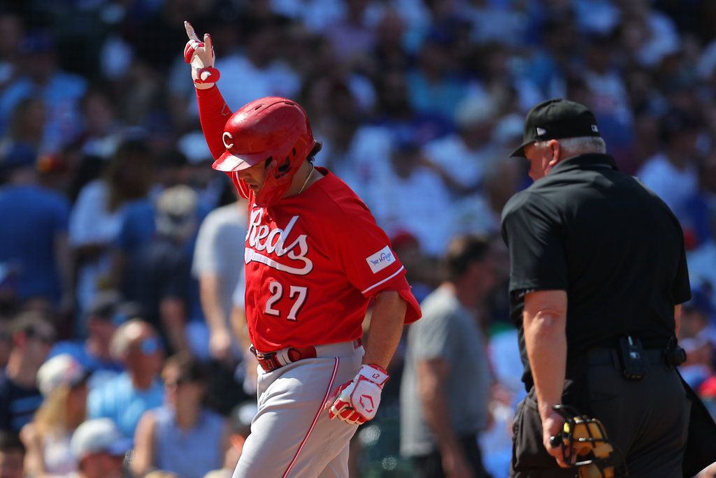 Cincinnati Reds' Sal Stewart celebrates after hitting a home run during the fifth inning of a baseball game against the Chicago Cubs, Friday, Aug. 28, 2026, in Chicago. (AP Photo/Melissa Tamez)