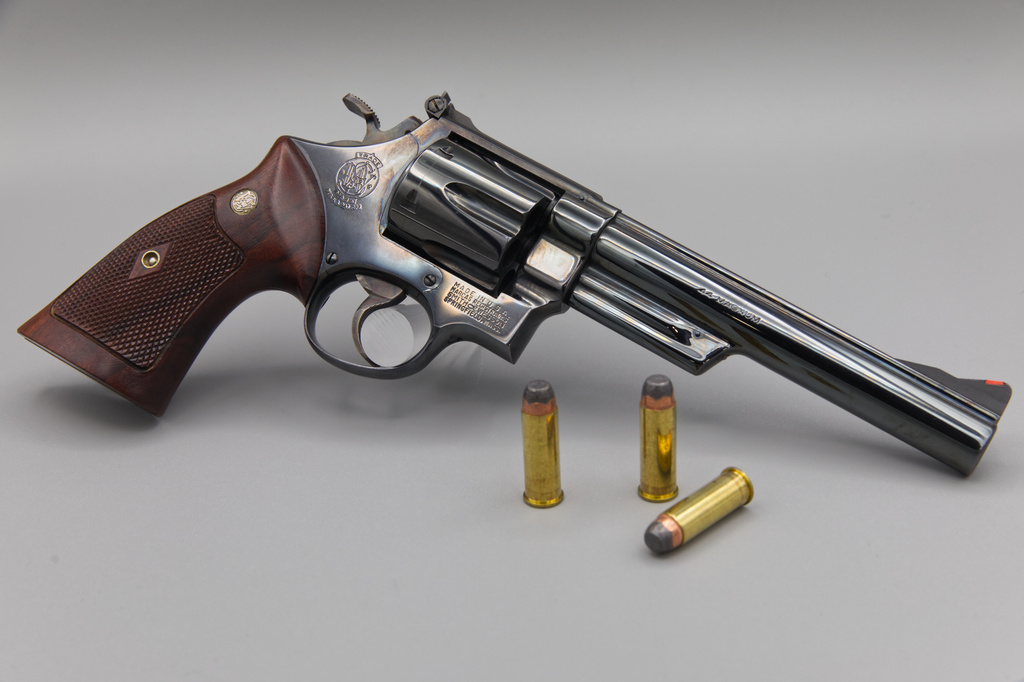 A Smith & Wesson Model 29 revolver chambered in .44 Magnum is displayed at the Shootit gun store in Phoenix, AZ, July 11, 2026. (AP Photo/Dario Lopez-Mills)