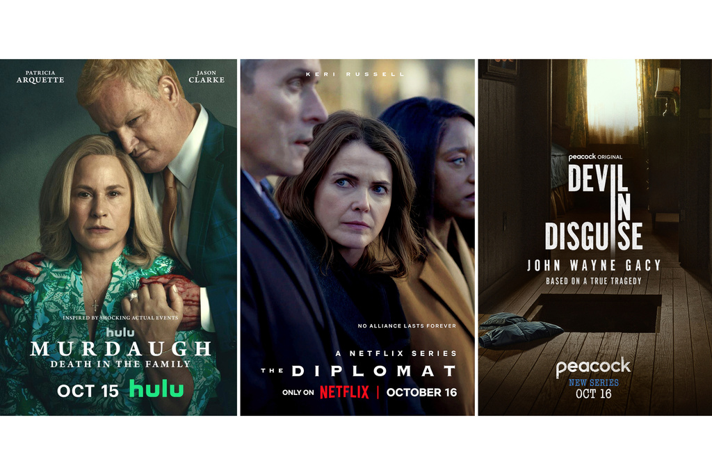 This combination of images shows promotional art for "Murdaugh: Death in the Family," from left, "The Diplomat," and "Devil in Disguise: John Wayne Gacy." (Hulu/Netflix/Peacock via AP)