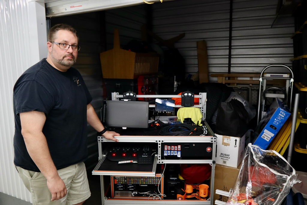 Digital imaging technician Chris Ratledge stands next to his film equipment inside a storage unit in Peachtree City, Ga., Thursday, March 5, 2026. (AP Photo/R.J. Rico)
