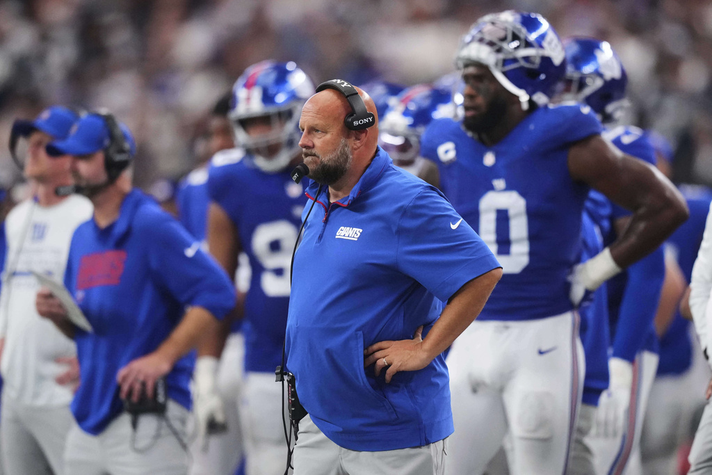 New York Giants head coach Brian Daboll watches play against the Dallas Cowboys in the second half of an NFL football game Sunday, Sept. 14, 2025, in Arlington, Texas. (AP Photo/Julio Cortez)