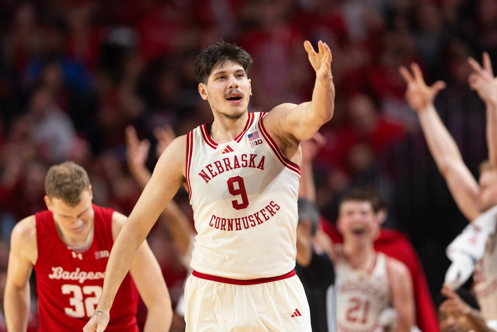 Nebraska's Berke Büyüktuncel (9) celebrates after making a three-point shot against Wisconsin during the second half of an NCAA college basketball game Wednesday, Dec. 10, 2025, in Lincoln, Neb. (AP Photo/Rebecca S. Gratz)