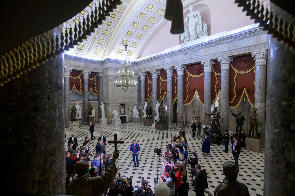 Speaker of the House Mike Johnson, R-La., speaks after the final vote to bring the longest government shutdown in history to an end, at the Capitol in Washington, Wednesday, Nov. 12, 2025. (AP Photo/Rod Lamkey, Jr.)