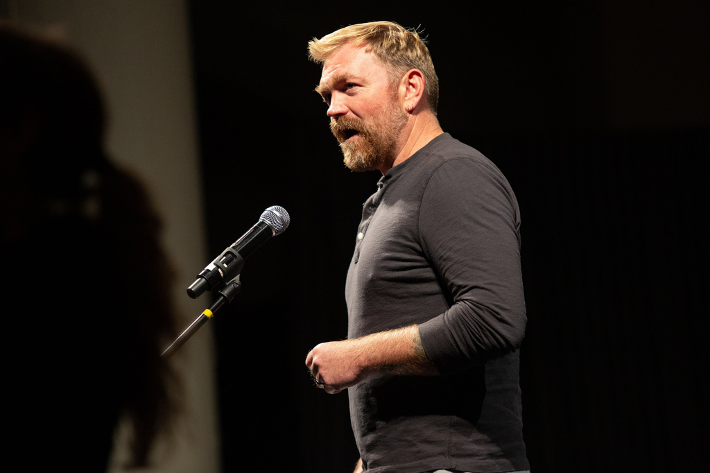 Senate candidate Graham Platner speaks at a town hall at the Franco Center in Lewiston on Wednesday, Oct. 15, 2025. (Libby Kenny/Sun Journal via AP)