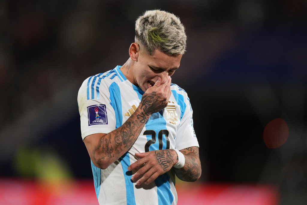 Argentina's Gianluca Prestianni reacts at the end of the FIFA U-20 World Cup final soccer match against Morocco in Santiago, Chile, Sunday, Oct. 19, 2025. (AP Photo/Andre Penner)