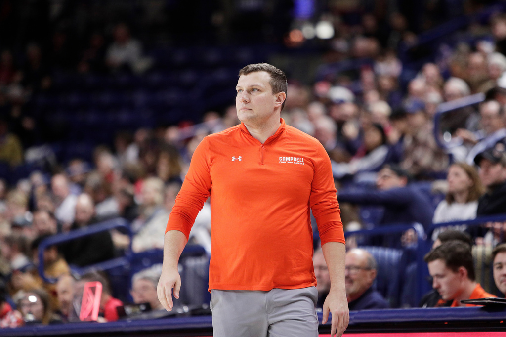 FILE - Campbell head coach John Andrzejek watches the second half of an NCAA college basketball game against Gonzaga, Dec. 17, 2025, in Spokane, Wash. (AP Photo/Young Kwak, File)
