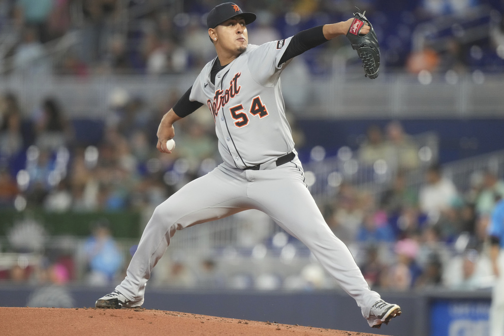 Detroit Tigers starting pitcher Keider Montero (54) aims a pitch during the first inning of a baseball game against the Miami Marlins Sunday, Sept. 14, 2025, in Miami. (AP Photo/Marta Lavandier)