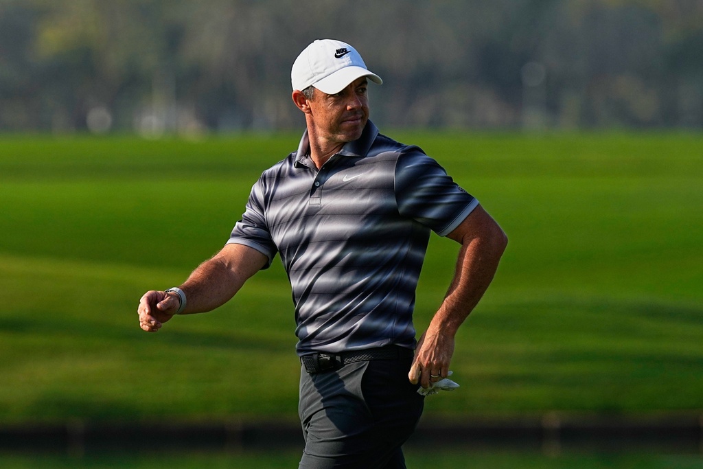 Rory McIlroy of Northern Ireland walks during the first round of Dubai Invitational golf tournament in Dubai, United Arab Emirates, Thursday, Jan. 15, 2026. (AP Photo/Fatima Shbair)