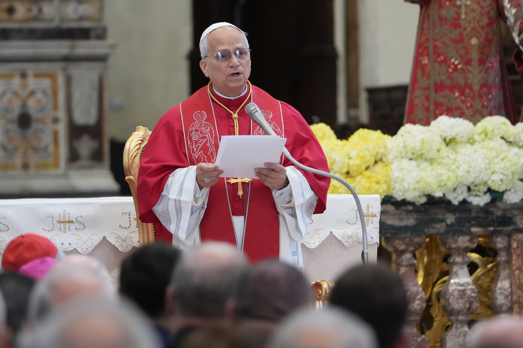 Pope Leo XIV delivers his speech during his meeting with clergy, religious and families of victims of environmental pollution in the Saint Mary of the Assumption Cathedral in Acerra, near Naples, Italy, Saturday, May 23, 2026. (AP Photo/Andrew Medichini)