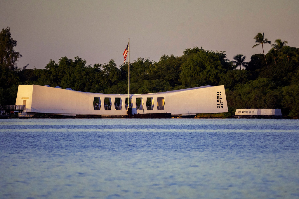 FILE - The USS Arizona Memorial is seen before a ceremony to mark the 83rd anniversary of the Japanese attack on Pearl Harbor, Dec. 7, 2024, in Honolulu. (AP Photo/Mengshin Lin, File)