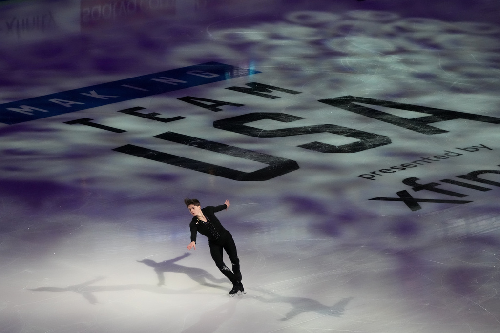 Maxim Naumov skates during the "Making Team USA" performance at the U.S. Figure Skating Championships, Sunday, Jan. 11, 2026, in St. Louis. (AP Photo/Jeff Roberson)